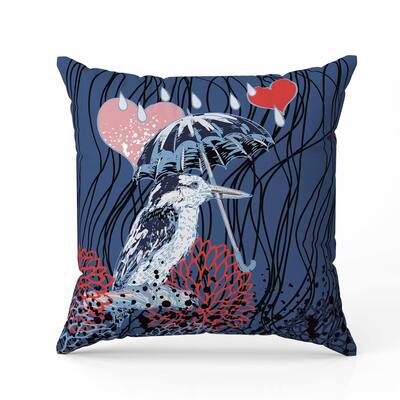 Bird with Umbrella Indoor/Outdoor Reversible Throw Pillow Blue and Red