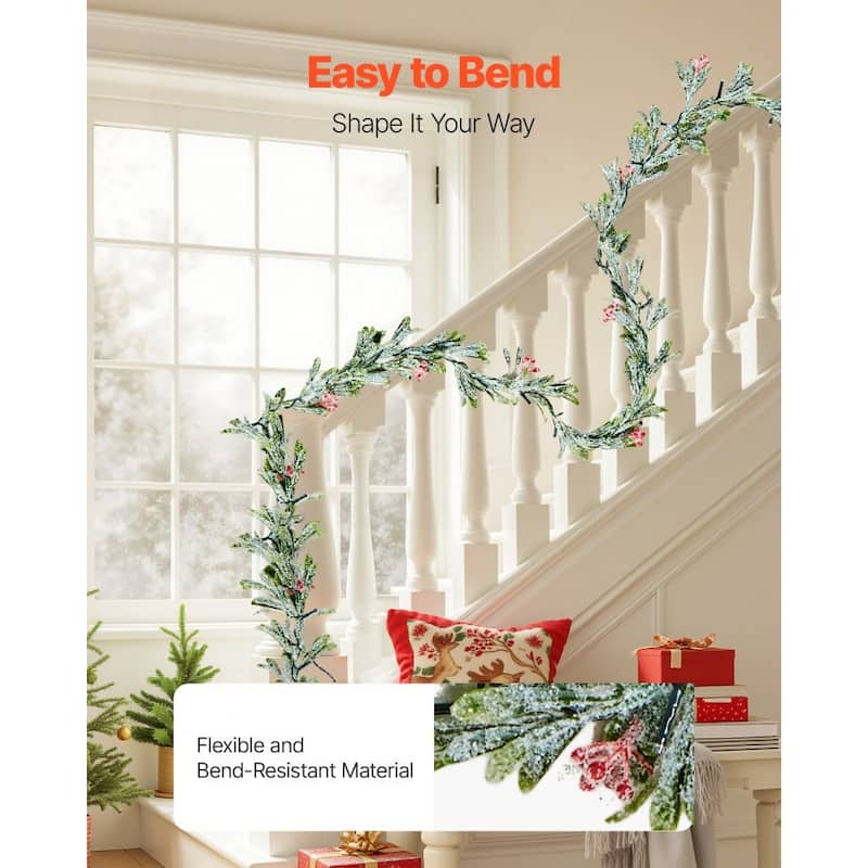 Snowy Green LED Lighted Christmas Garland with Olive Leaves and Vine Berries for Stairs and Mantels