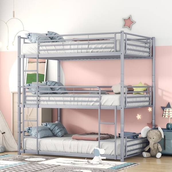 slide 2 of 9, Gray Industrial Charm Full-Full-Full Metal Triple Bed with Built-in Ladder Gray