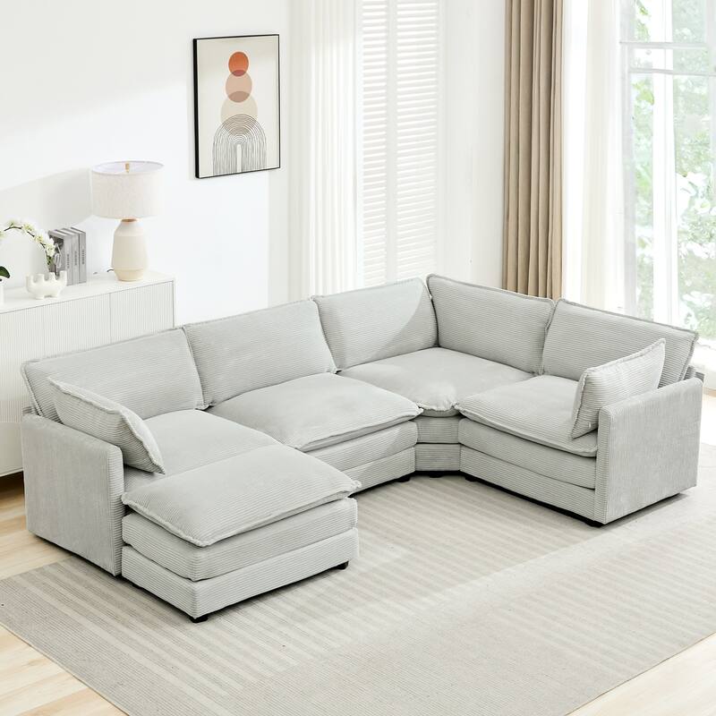 5-Seater Corduroy Sectional Sofa with a Removable Ottoman & Corner Seat, Soft & Comfortable - 4 Seats with 1 Ottoman - Mist Grey