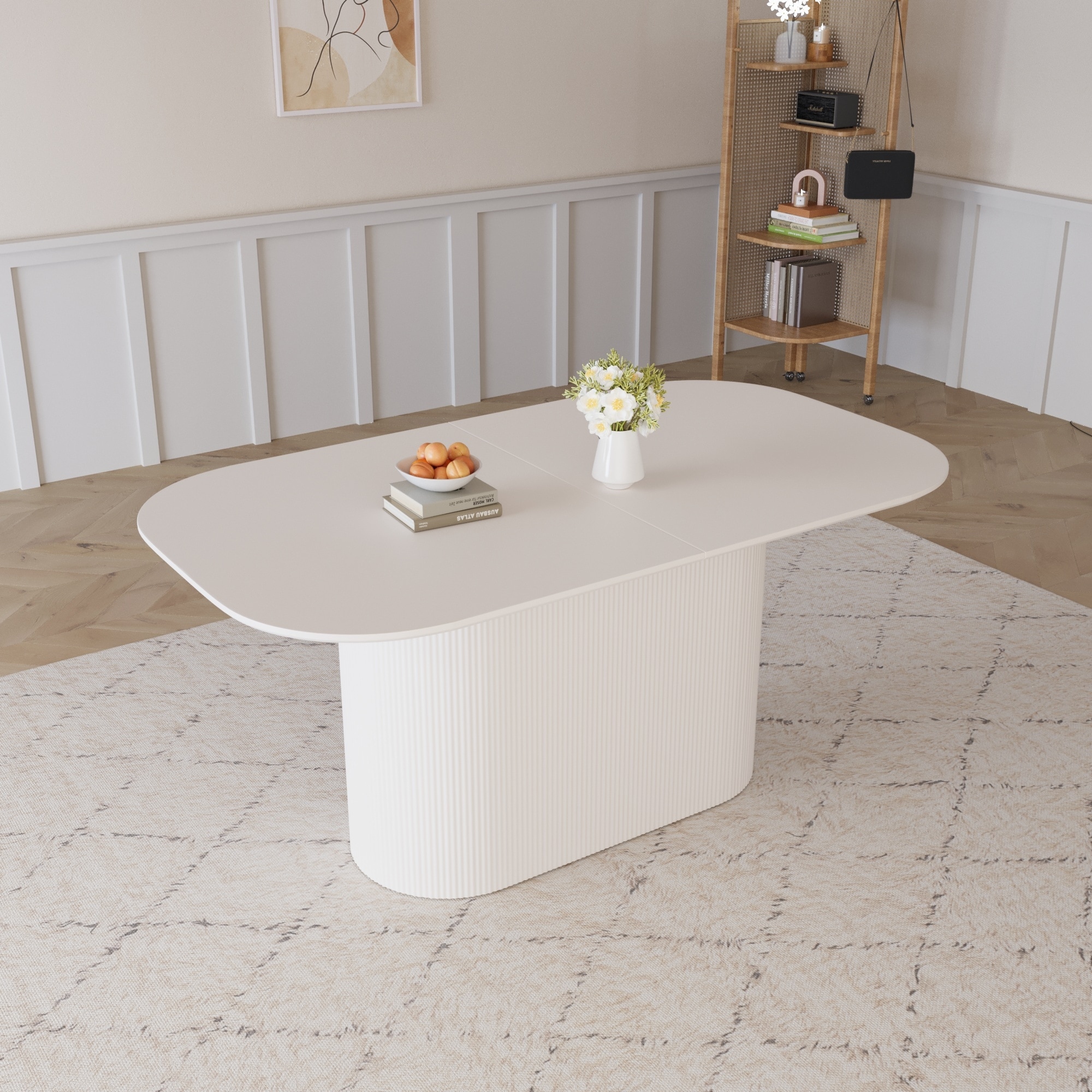 63 " MDF Dining Table and Regular Edge Table, 4-8 Person Dining Table, Vertical Striped Table Legs, Thick Elegant Combination T