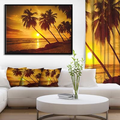 Designart "Beach Sunset in Island Barbados" Modern Seascape Framed Canvas Artwork Print
