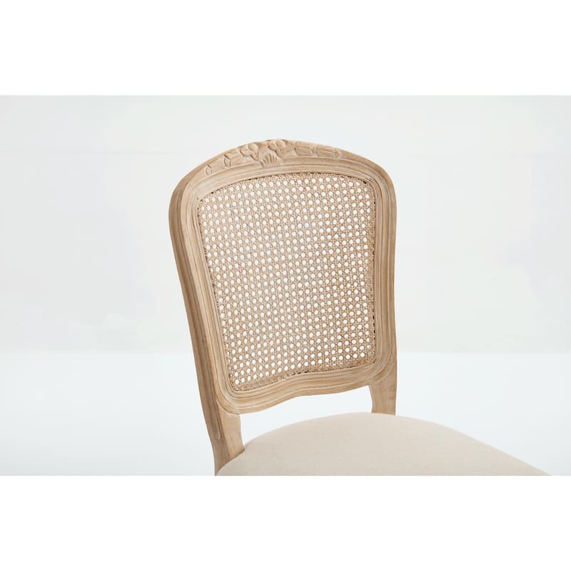 Set of 2 French Country Dining Chairs, Upholstered with Natural Rattan Fan-Shaped Back