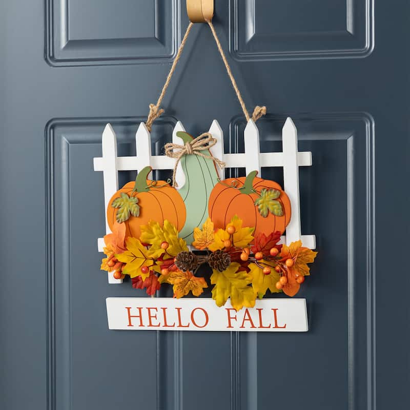 Glitzhome 15"D Hello Fall Wooden Pumpkins Word Sign with Floral Door Hanger