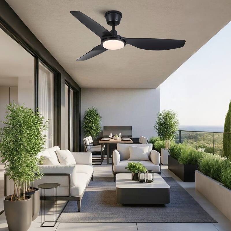 52 inch Modern Outdoor Waterproof Black Ceiling Fan with Light and Quiet DC Motor