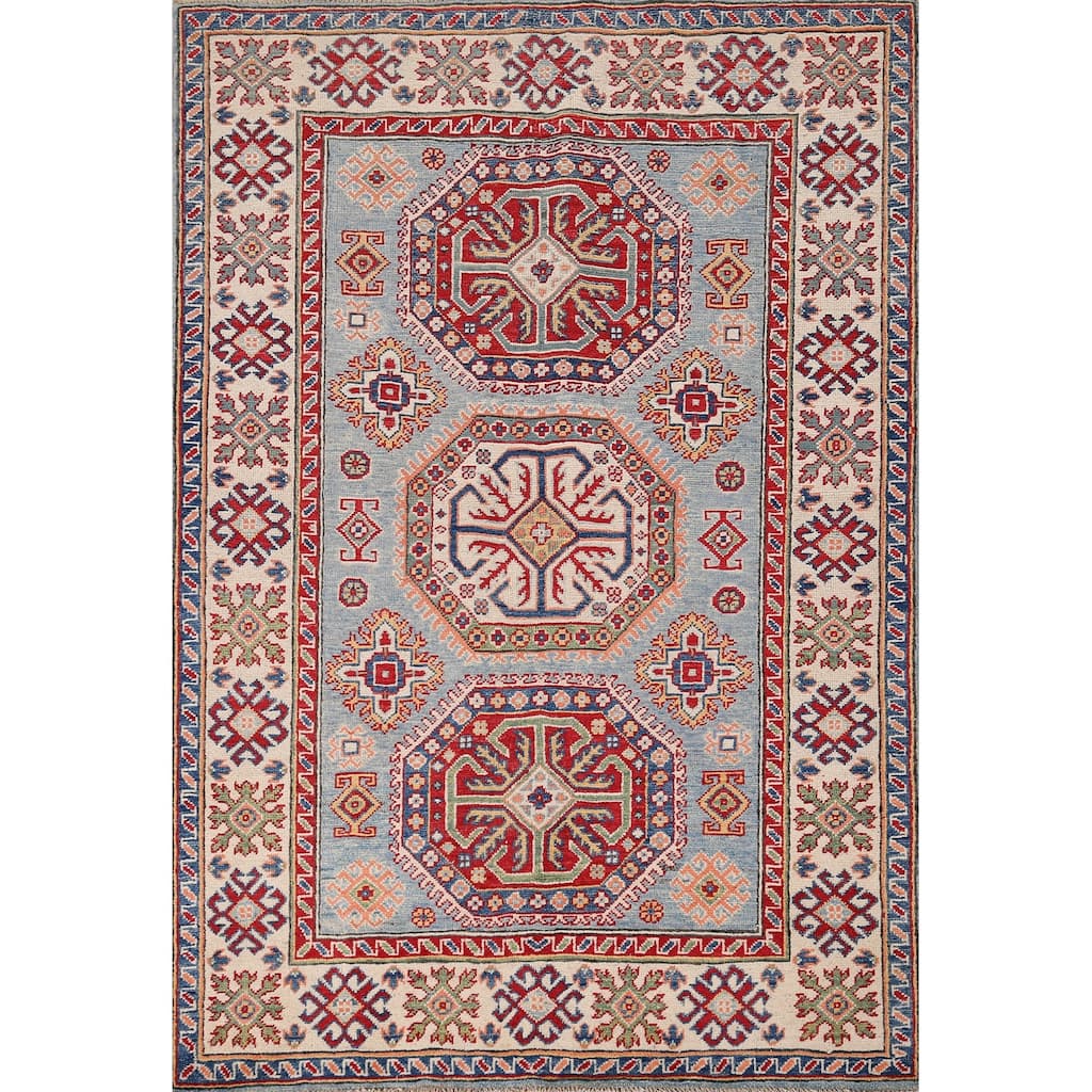 Blue Geometric Kazak Accent Rug Hand-Knotted Wool Carpet - 4'1" x 5'10"