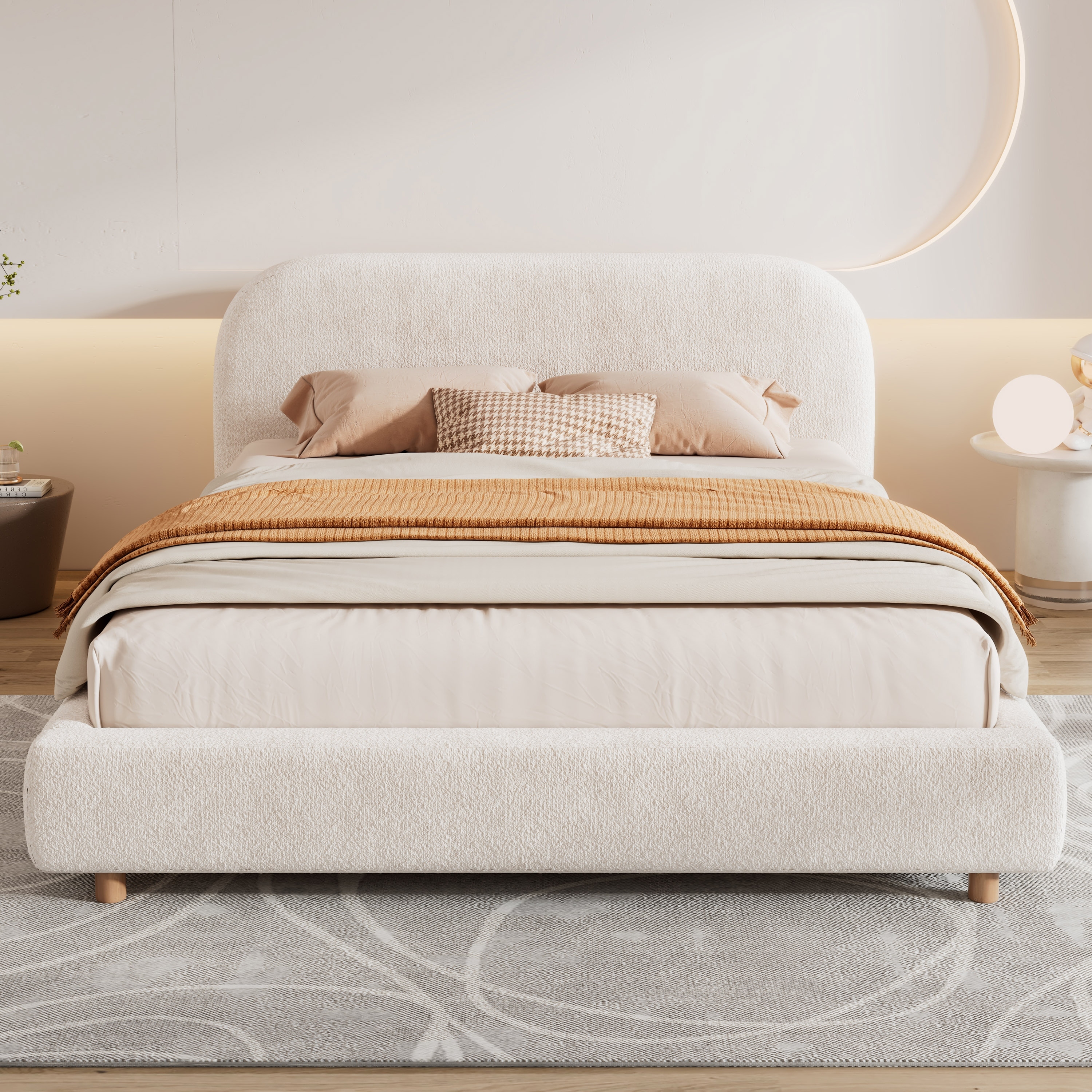Low Profile Bed Wood Platform Bed Boucle Fabric Upholstered Bed with Curve-Shaped Design Headboard, No Box Spring Needed