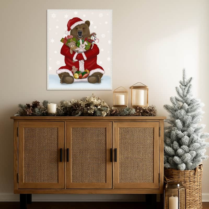 Christmas Christmas Present Bear Hug by Fab Funky (23 x 28 in.), Framed Canvas Wall Art Print - Sylvie Beaded White