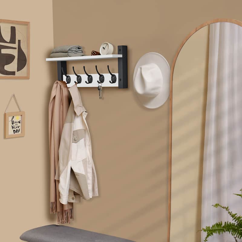 Sorbus Coat Hooks Wall Mount Floating Shelf with 5 Heavy Duty Hooks, Large and Extra Large
