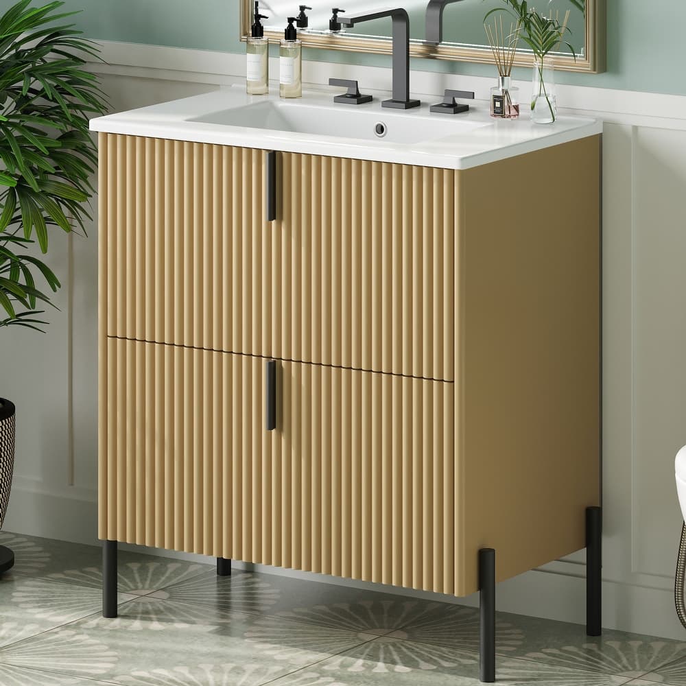 Bathroom Vanity with Ceramic Sink, Freestanding Bathroom Storage Cabinet, Fluted Bathroom Vanity with 2 Full-Extension Drawers