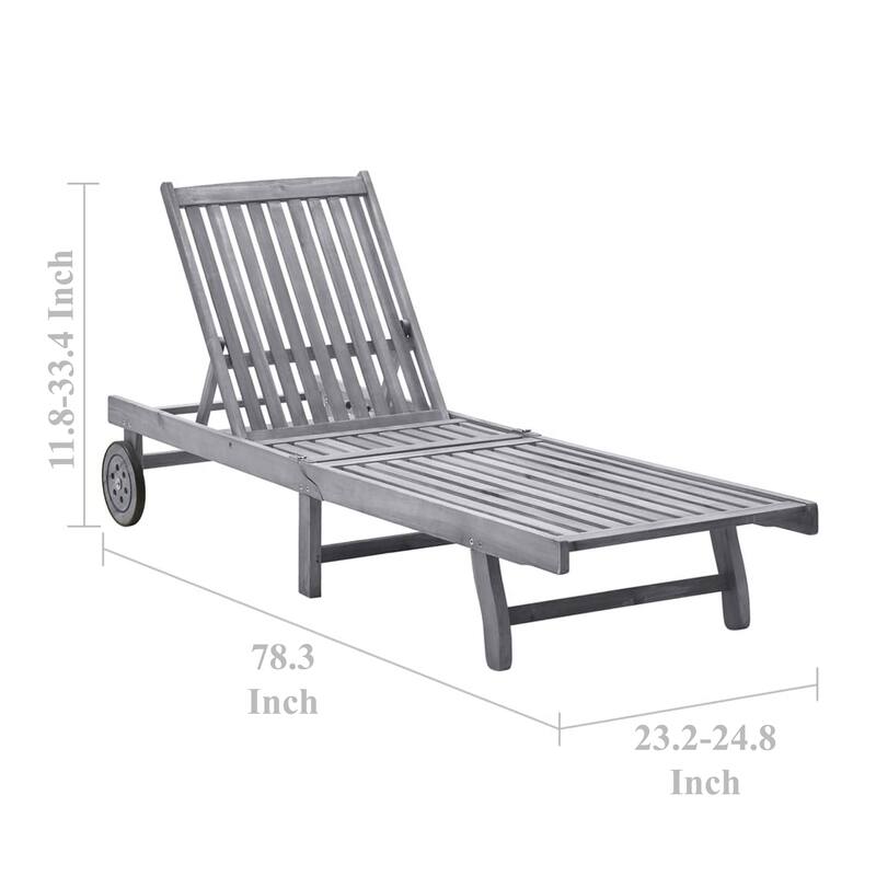 Outdoor Sun Chaise Lounger, Gray Solid Acacia Wood, Casters, 78 Inch