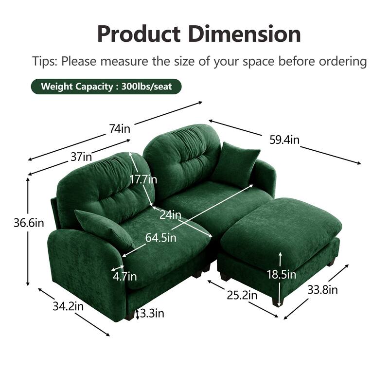 2 Seat Chenille Sofa Round Arms Sectional Sofa, Modern 74" Tufted Back Couch with Ottoman for Lving Room, Small Space