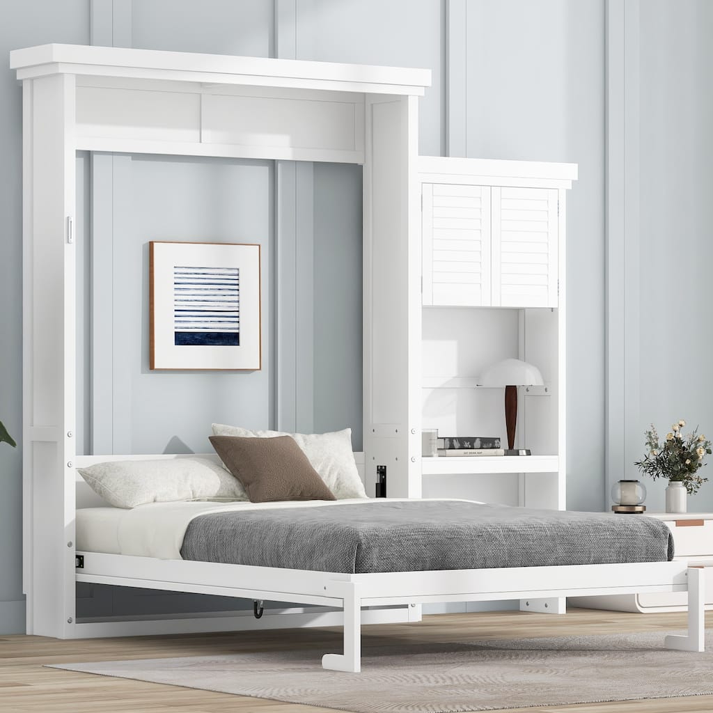 Queen Size Murphy Bed with Storage Shelves and Louvered Design, White