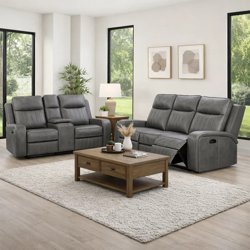 Josen 2pc Manual Reclining Sofa and Loveseat Set, Gray Faux Leather