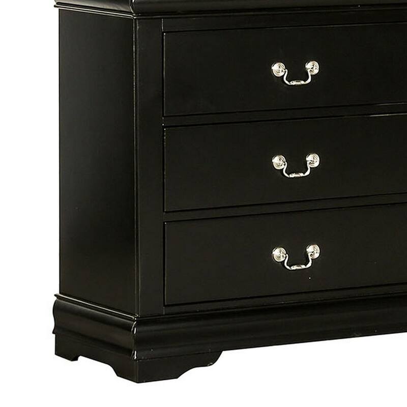 Ryla Wide Dresser, 6 Drawers, Nickel Metal Handles, Black Solid Wood