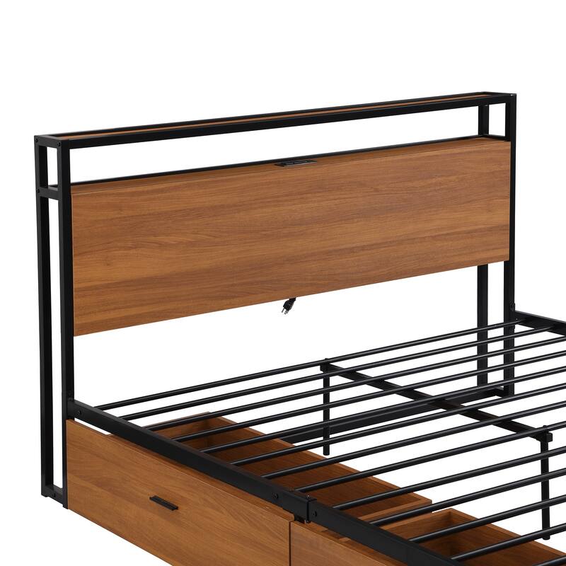 Black Queen Size Metal Platform Bed Frame with 2 Drawers, Sockets and
