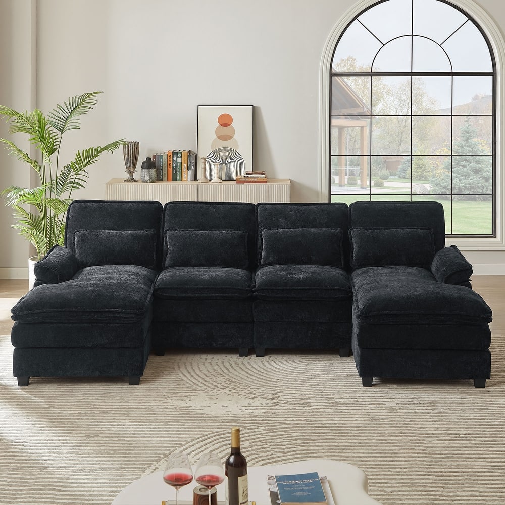 113" Chenillle U Shaped Sectional Sofa with Toss Pillows