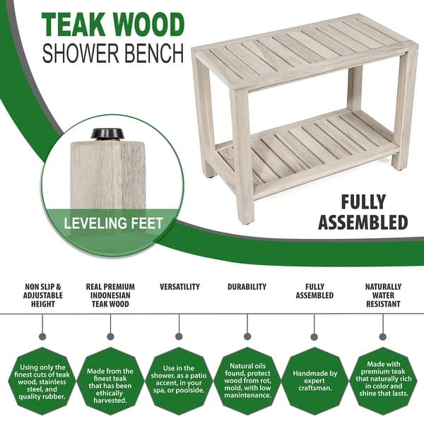 TeakCraft Gray Teak Shower Bench with Shelf 24 Inch Fully Assembled
