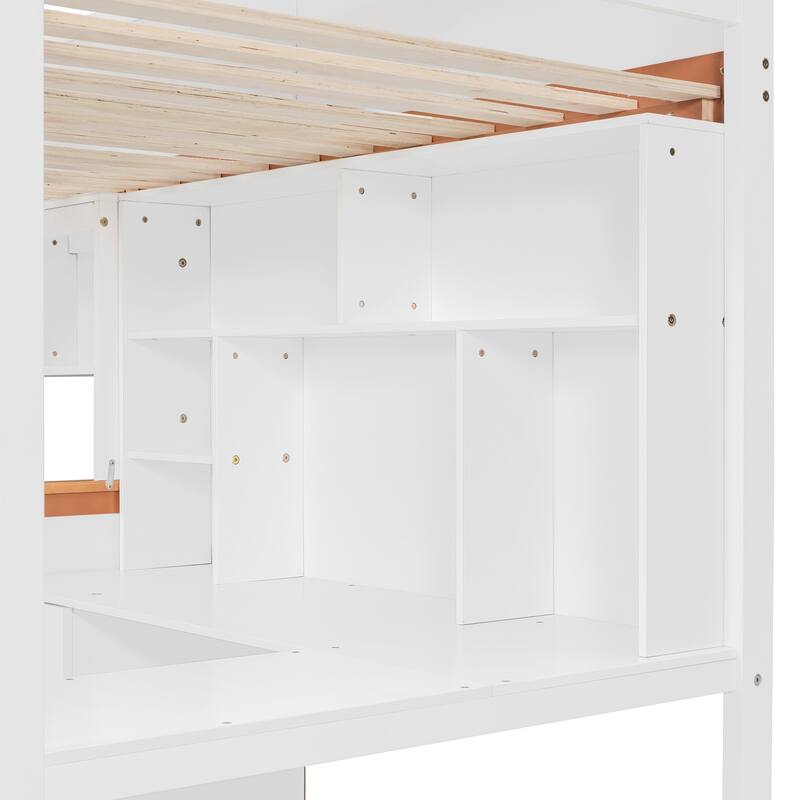 Twin Over Full Bunk Storage Bed with Desk and Led Lights Wooden Loft Bed Frame with Safety Guard & Ladder for Teen & Adults