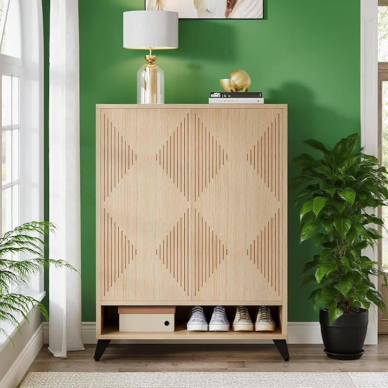 Natural MDF and Metal Shoe Cabinet with Hidden Adjustable Shelves Rebound Doors Anti Tip Storage Organizer for Home