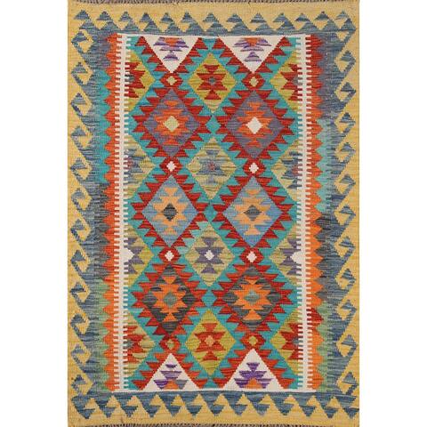 Geometric Kilim Rug Flatweave Reversible Wool Carpet - 3'4"x 5'0"