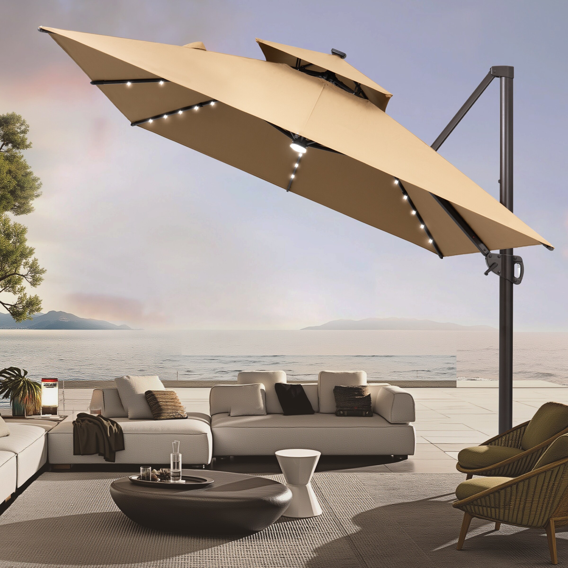 VredHom 10X13 FT Aluminum Outdoor Cantilever Patio Umbrella Solar LED Light