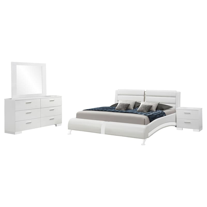 Zor 4pc King Bedroom Set, Bed, White Faux Leather and Chrome Accents