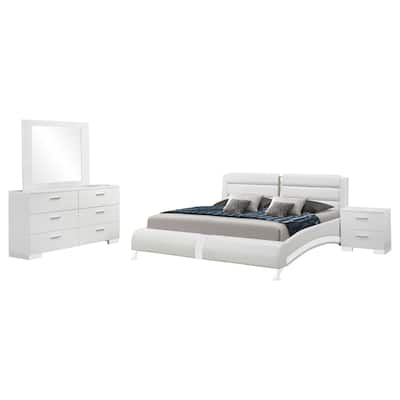 Zor 4pc King Bedroom Set, Bed, White Faux Leather and Chrome Accents