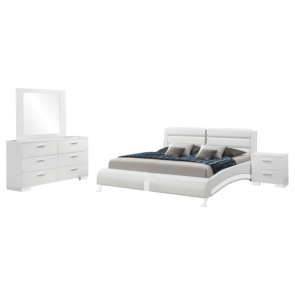 Zor 4pc King Bedroom Set, Bed, White Faux Leather and Chrome Accents