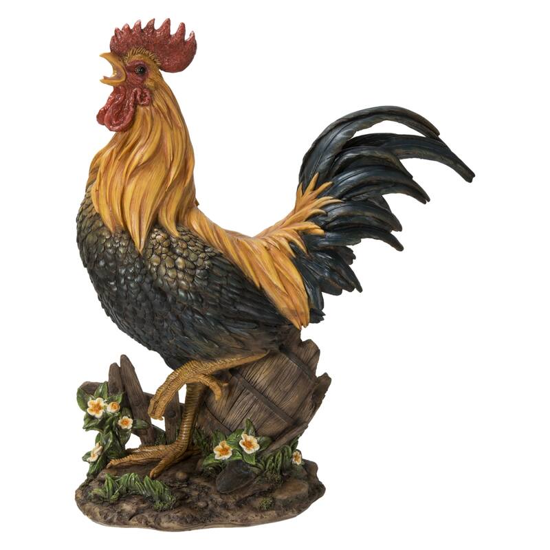22.5" Large Roosters on a Wood Barrel Outdoor Garden Statue
