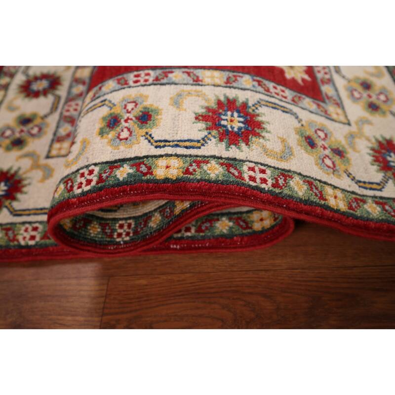 Red Geometric Kazak Foyer Rug Handmade Wool Carpet - 2'10" x 4'1"