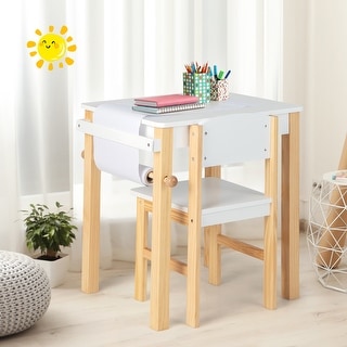 Kids Table and Chair Set Wooden Drawing Study Desk w Paper Roll Drawer