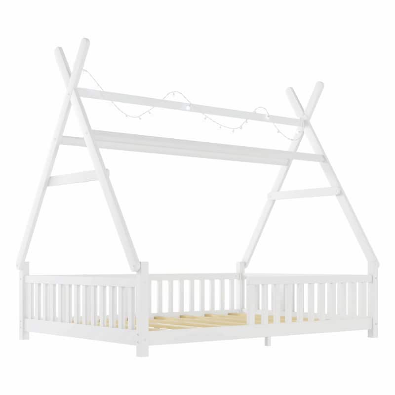 House Bed with Light, Low Floor House Bed with Fence and Roof