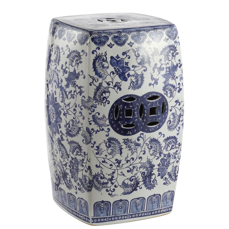Floral Vine 18.5" Chinoiserie Ceramice Square Garden Stool, Blue/White - Ceramic - Blue