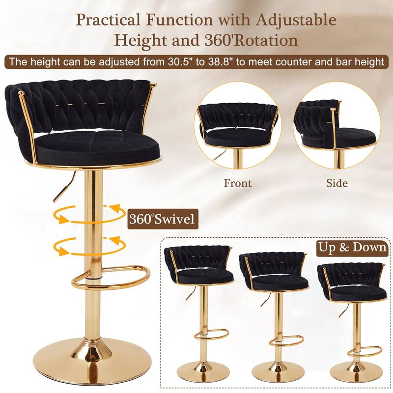 Javlergo Bar Stools Set of 4, Velvet Swivel Bar Stools, Adjustable Height Barstool with Woven Back & Footrest