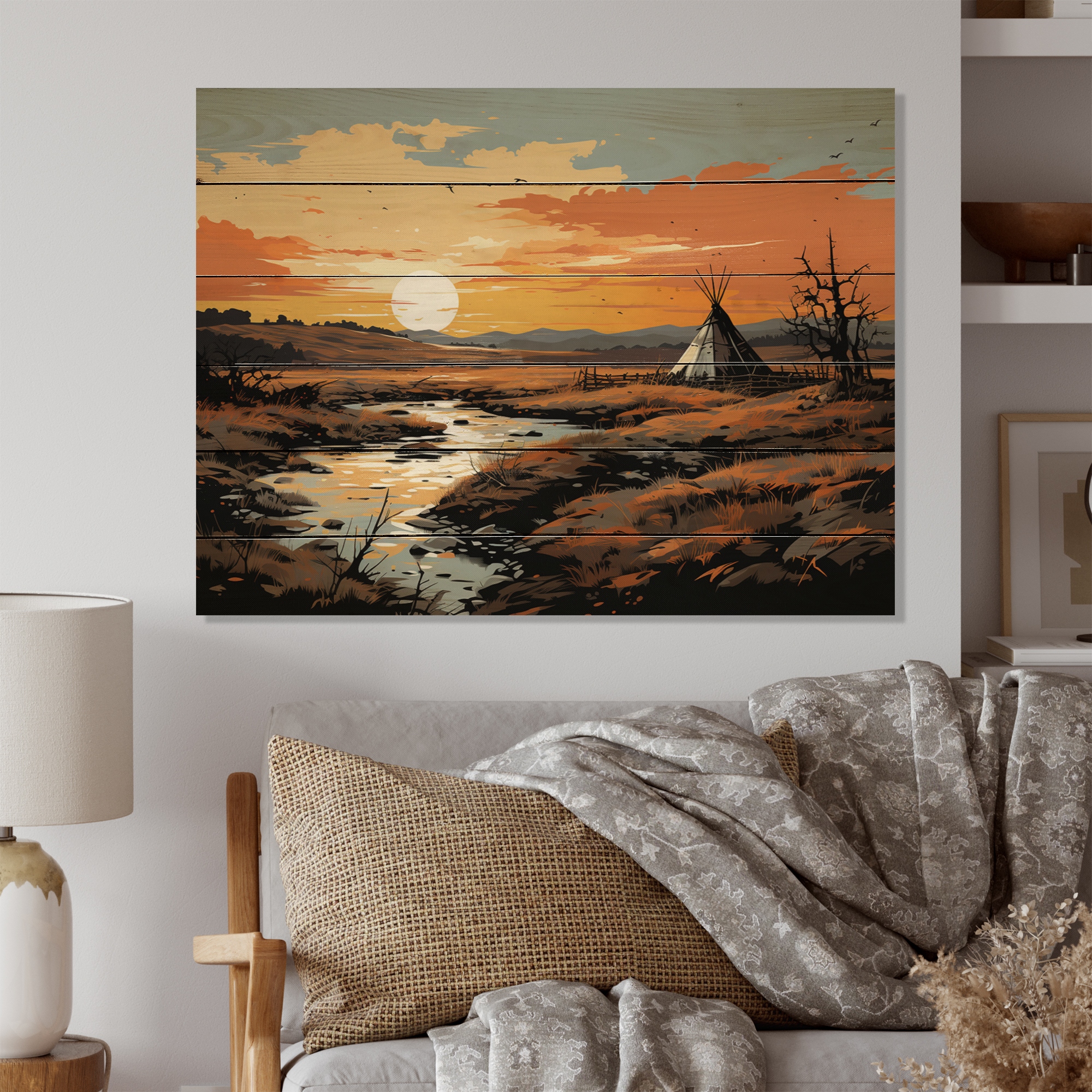Designart Native Tipi Legacy Of The Plains III Native American Print on Natural Pine Wood 32 in. wide x 24 in. high