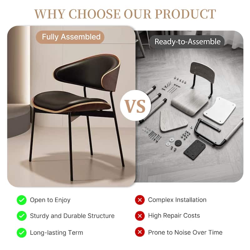 Contemporary Curved Back Dining Chairs Set of 2, Black Leather Side Chairs, Fully Assembled