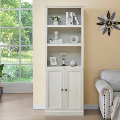 1 Doors Bookshelf with USB Port and 3 Open Shelves Bookcase Side Cabinet Storage Shelves
