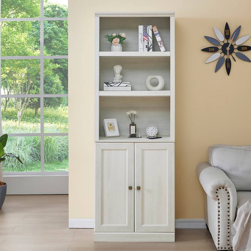 3 Open Shelves Bookcase Side Cabinet Storage Shelves,1 Doors Bookshelf with USB Port,Suitable for Home Office Storage - Rustic White