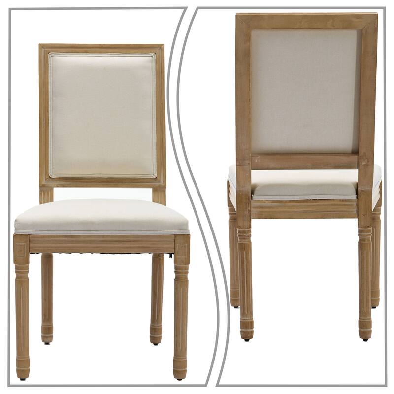 Elegant French Style Set of Two Linen Upholstered Dining Chairs with Solid Rubberwood Frame Legs