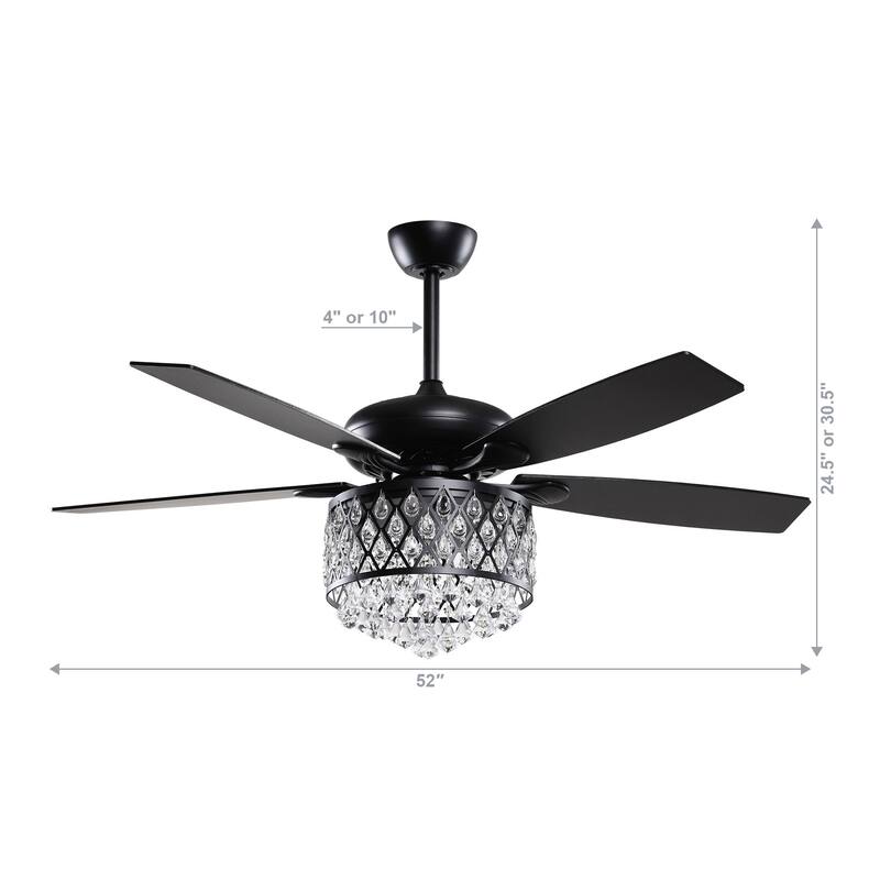 Modern 52-inch Black 5-Blade Crystal Ceiling Fan with Remote - 52 Inches