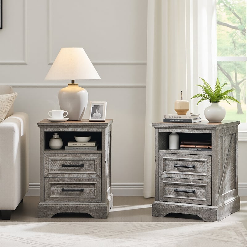 Farmhouse Nightstand Set of 2 with Charging Station, End Table - Grey