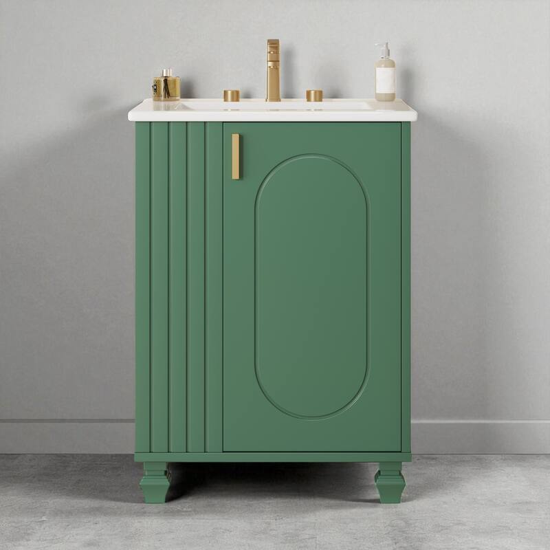 24" Bathroom Vanity with Ceramic Sink, Pine Wood Frame, Soft-Close Door & Side Open Storage - Green