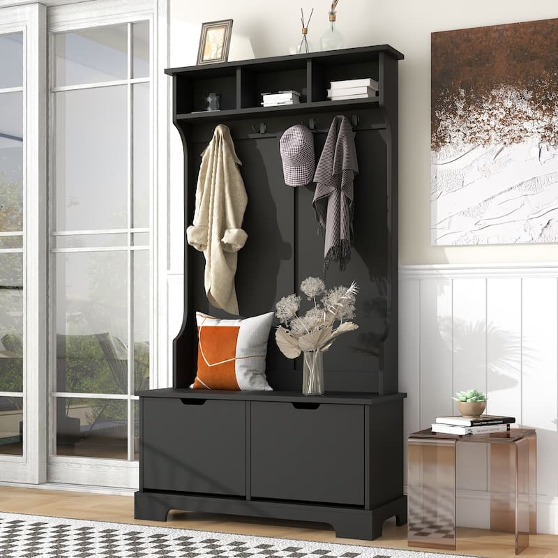 ON-TREND All in One Hall Tree with 3 Top Shelves and 2 Flip Shoe Storage Drawers