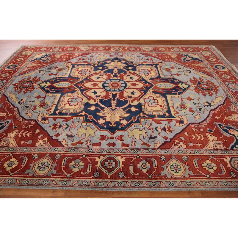 Blue & Orange Heriz Serapi Indian Area Rug Handmade Wool Carpet - 9'0" x 11'9"