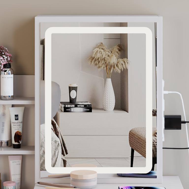 Small Vanity Table with Sliding LED Mirror, 2 AC & 2 USB Charging Station, Hair Dryer Holder & Stool for Bedroom