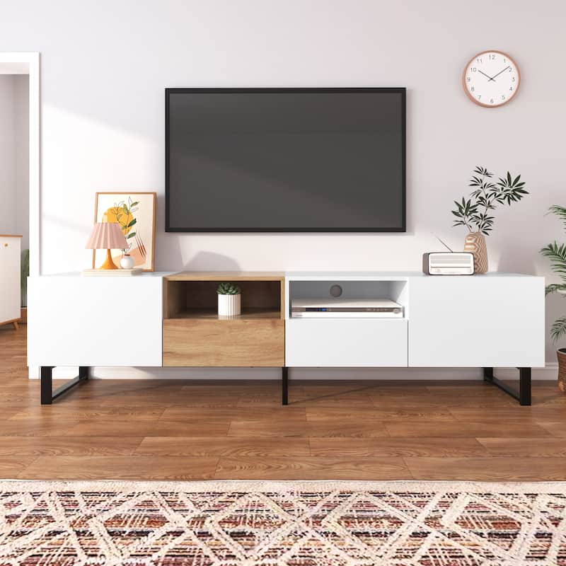 74" TV Stand with Drop-Down Door & Storage for TVs Up to 85" - White+Natural