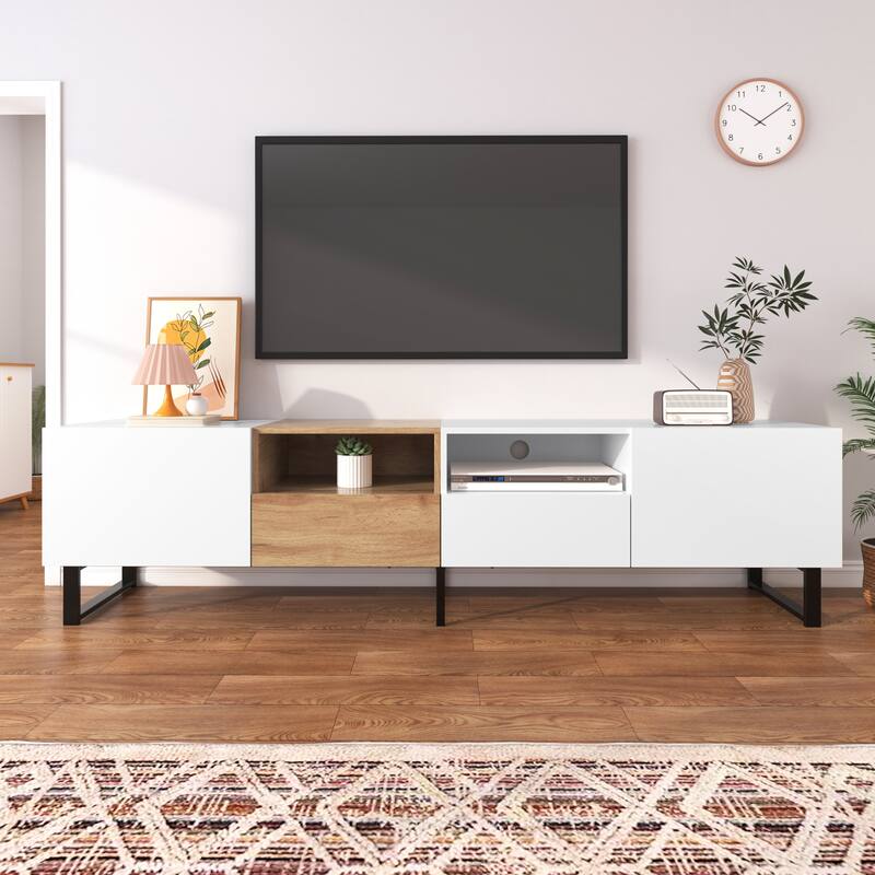Sleek TV Stand with 2 Drawers & 2 Cabinets for 85" TVs, Entertainment Center with Drop-Down Door - White