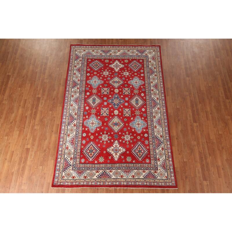 Geometric Red Kazak Area Rug Hand-Knotted Wool Carpet - 6'5" x 9'10"