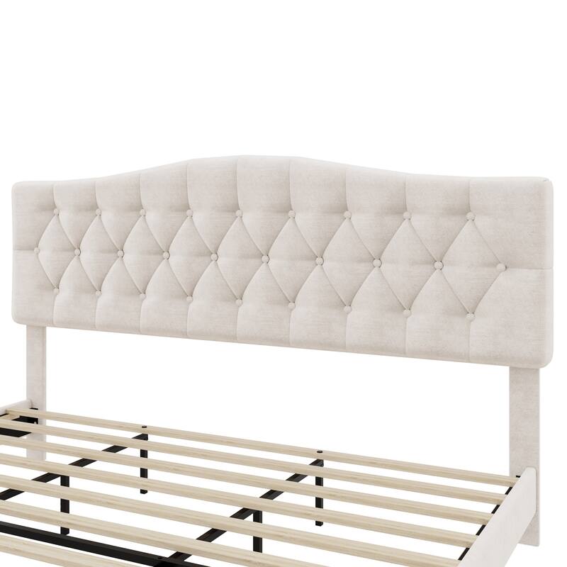 King Upholstered Bed with Saddle Curved Headboard and Wooden Slats